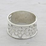 Sterling silver band ring, 'Band of Flowers' - Sterling Silver Floral Band Ring from India