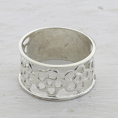 Sterling silver band ring, 'Band of Flowers' - Sterling Silver Floral Band Ring from India