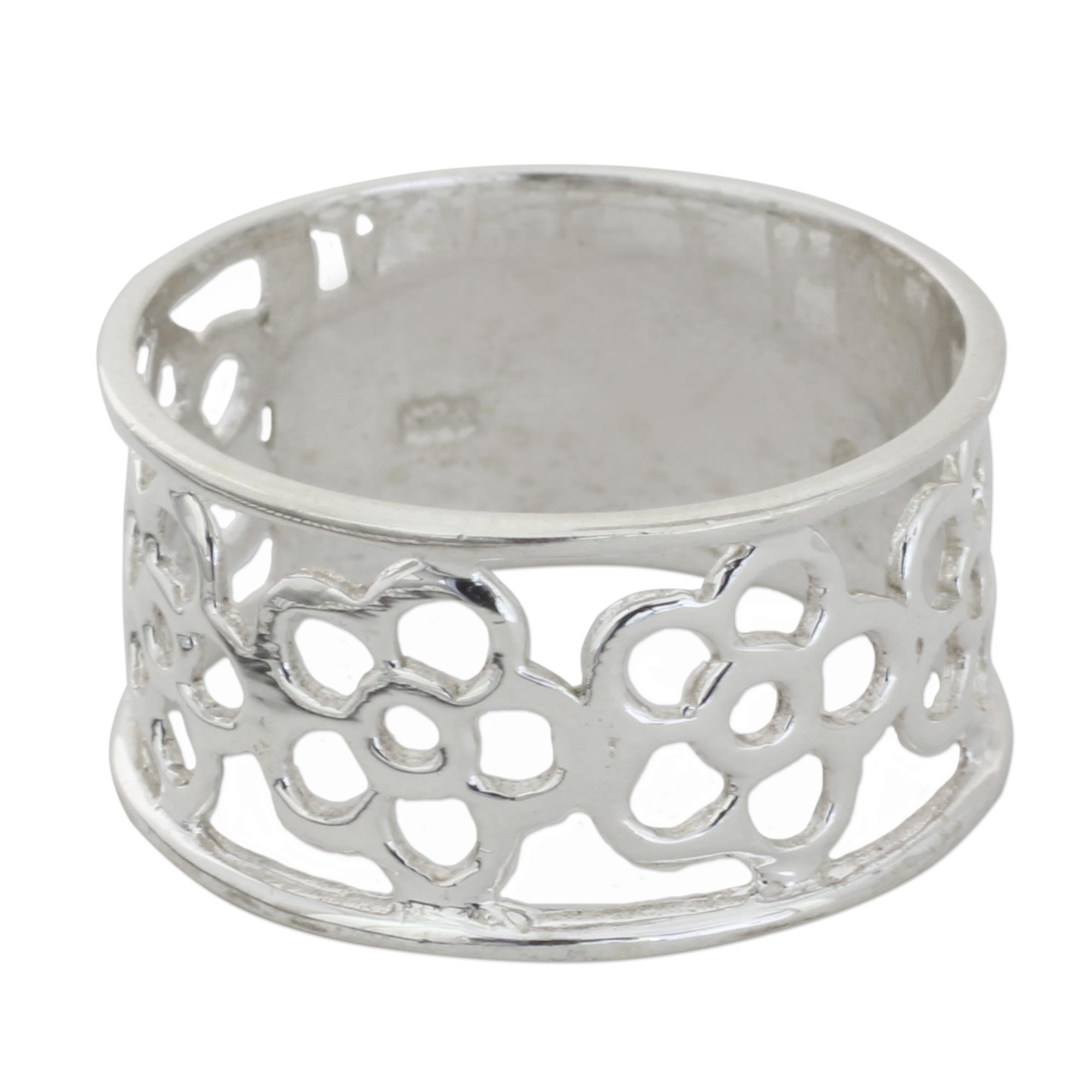 Sterling Silver Floral Band Ring from India - Band of Flowers | NOVICA