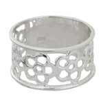 Sterling silver band ring, 'Band of Flowers' - Sterling Silver Floral Band Ring from India