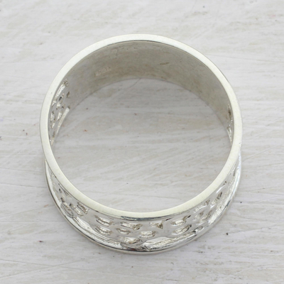 Sterling silver band ring, 'Band of Flowers' - Sterling Silver Floral Band Ring from India