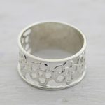 Sterling silver band ring, 'Band of Flowers' - Sterling Silver Floral Band Ring from India