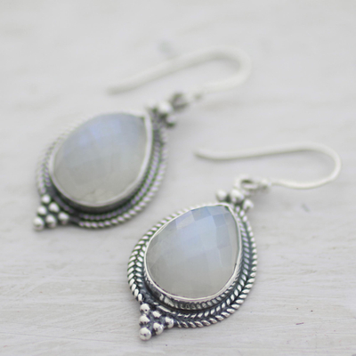 Rainbow moonstone dangle earrings, 'Morning Fog' - Rainbow Moonstone and Sterling Silver Dangle Earrings