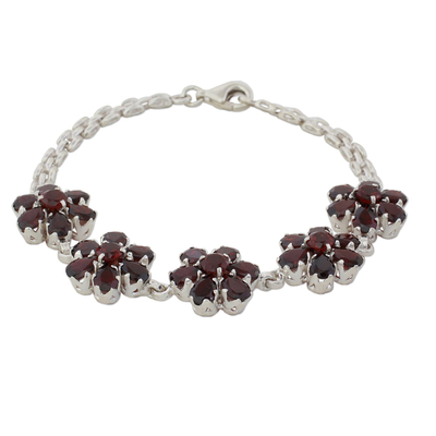 Garnet pendant bracelet, 'Red Blooms' - Garnet and Sterling Silver Link Chain Bracelet from India