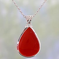 Carnelian pendant necklace, 'Drop of Sunshine'