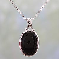 Onyx pendant necklace, 'Elegant Protector' - 925 Silver India Jewellery Chain Necklace with Onyx Pendant