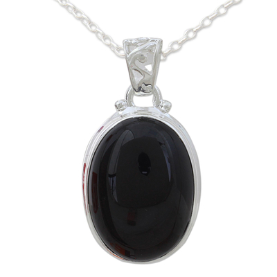 Onyx pendant necklace, 'Elegant Protector' - 925 Silver India Jewelry Chain Necklace with Onyx Pendant