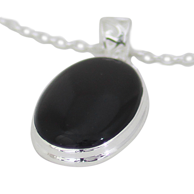 Onyx pendant necklace, 'Elegant Protector' - 925 Silver India Jewelry Chain Necklace with Onyx Pendant