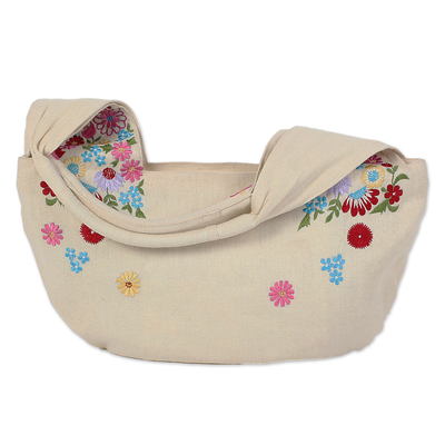 Jute blend hobo bag, 'Field of Flowers in Wheat' - Wheat Coloured Floral Jute Blend Boho Bag from India