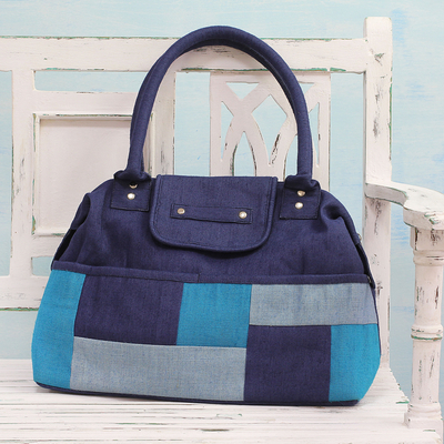 Jute blend shoulder bag, 'Blue Patchwork' - Blue Patchwork Jute Blend Shoulder Bag from India