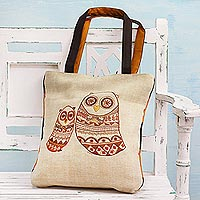 Jute blend tote bag, 'Everlasting Maternal Love' - Jute Blend Tote Bag with Mother and Child Owls from India
