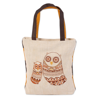 Jute Blend Tote Bag with Mother and Child Owls from India