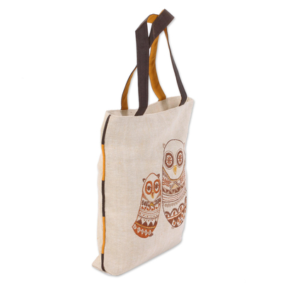 Jute blend tote bag, 'Everlasting Maternal Love' - Jute Blend Tote Bag with Mother and Child Owls from India