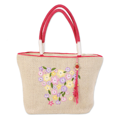 Jute Blend Tote Handbag with Floral Pattern from India