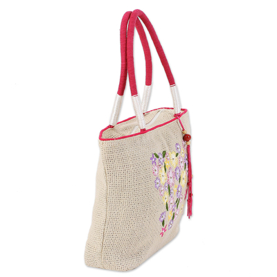 Handtasche aus Jute-Mischgewebe, 'Morgenausflug' (Morgenausflug) - Handtasche aus Jute-Mischgewebe mit Blumenmuster aus Indien