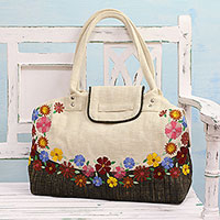 Jute blend shoulder bag, 'Spring Flowers' - Ivory Floral Jute Blend Shoulder Bag from India