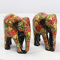 Wood and papier mache sculptures, 'Elephant Bloom' (pair) - Indian Wooden Sculpture Set of 2 Painted Floral Elephants