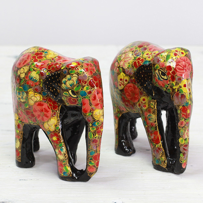 Wood and papier mache sculptures, 'Elephant Bloom' (pair) - Indian Wooden Sculpture Set of 2 Painted Floral Elephants