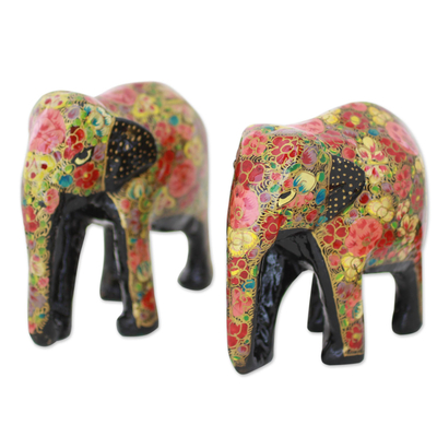 Skulpturen aus Holz und Pappmaché, (Paar) - Indische Holzskulptur, Set mit 2 bemalten Blumenelefanten