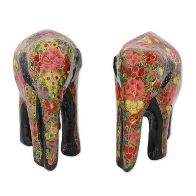 Esculturas en madera y papel maché, (pareja) - Juego de esculturas indias de madera de 2 elefantes florales pintados
