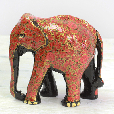 Wood and papier mache sculpture, 'Floral Charm' - Indian Wood Painted Papier Mache Floral Elephant Sculpture