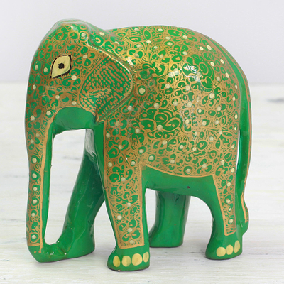 Escultura en madera y papel maché - Papel maché sobre madera Escultura de elefante verde y dorado