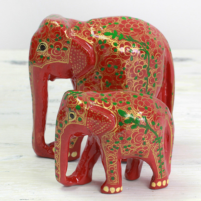 Skulpturen aus Holz und Pappmaché, (Paar) - Set aus zwei indisch bemalten Elefantenskulpturen aus Holz mit Blumenmuster