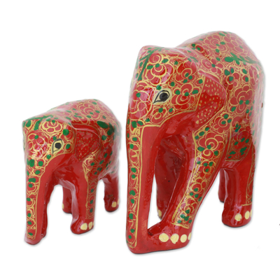 Set of Two Indian Painted Floral Wood Elephant Sculptures