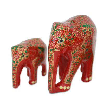Wood and papier mache sculptures, 'Maternal Glow' (pair) - Set of Two Indian Painted Floral Wood Elephant Sculptures