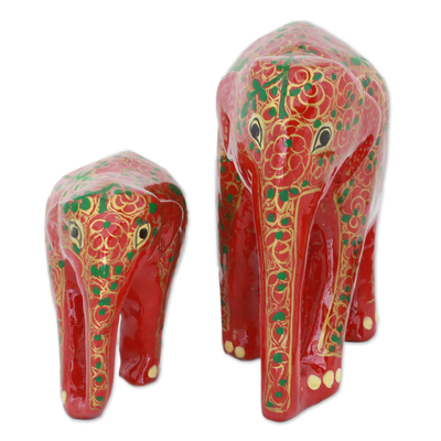 Esculturas de madera y papel maché, 'Maternal Glow' (par) - Conjunto de dos esculturas indias de elefantes de madera floral pintadas