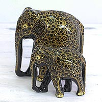 Wood and papier mache sculptures, 'Elephant Affection' (pair) - Indian Sculpture Set Wood Floral Elephant Mother and Child