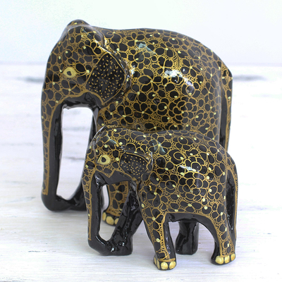 Esculturas en madera y papel maché, (pareja) - Conjunto Escultura India Madera Elefante Floral Madre e Hijo
