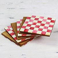 Bone coasters, 'Red Checkers' (set of 6) - Six Red and Ivory Checkerboard Bone Coasters from India