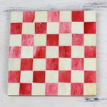 Bone coasters, 'Red Checkers' (set of 6) - Six Red and Ivory Checkerboard Bone Coasters from India