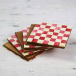 Bone coasters, 'Red Checkers' (set of 6) - Six Red and Ivory Checkerboard Bone Coasters from India