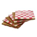 Bone coasters, 'Red Checkers' (set of 6) - Six Red and Ivory Checkerboard Bone Coasters from India