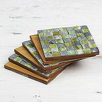 Six Green and Grey Checkerboard Bone Coasters from India,'Earthy Checkers'