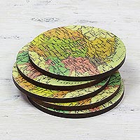 Wood coasters, 'Countries of the World' (set of 5) - Round Laminated Wood Map Coasters (Set of 5) from India
