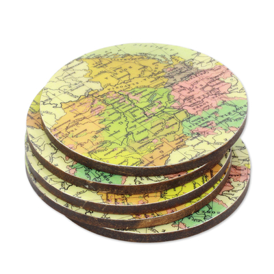 Round Laminated Wood Map Coasters (Set of 5) from India