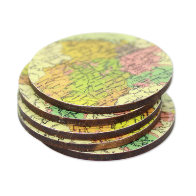 Wood coasters, 'Countries of the World' (set of 5) - Round Laminated Wood Map Coasters (Set of 5) from India
