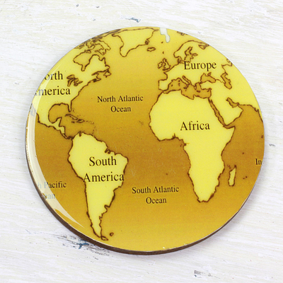 Wood coasters, 'Brown Cartography' (set of 5) - 5 Round Laminated Wood Coasters in Brown from India