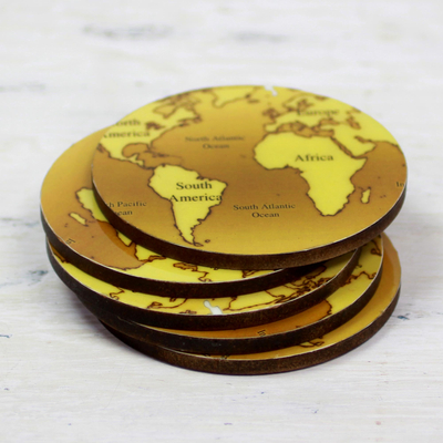 Wood coasters, 'Brown Cartography' (set of 5) - 5 Round Laminated Wood Coasters in Brown from India