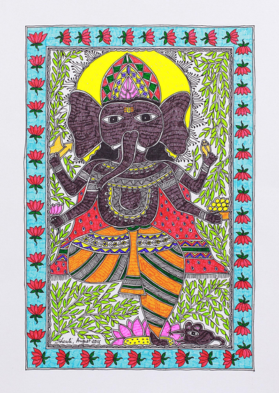 Colorful Signed Madhubani Painting of Ganesha from India - Abhanga | NOVICA