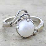 Cultured pearl single stone ring, 'Lyrical Bliss' - Artisan Crafted Cultured Pearl Single Stone Ring from India