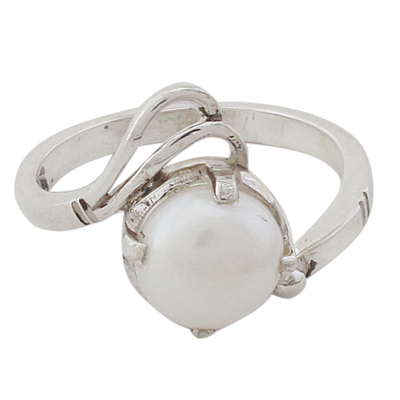 Cultured pearl single stone ring, 'Lyrical Bliss' - Artisan Crafted Cultured Pearl Single Stone Ring from India