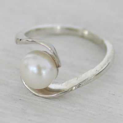 Cultured pearl single stone ring, 'Fantastic Swirl' - Hand Crafted Cultured Pearl Single Stone Ring from India