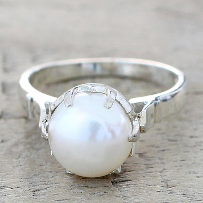 Cultured pearl solitaire ring, 'Glowing Globe' - Artisan Crafted Cultured Pearl Solitaire Ring from India