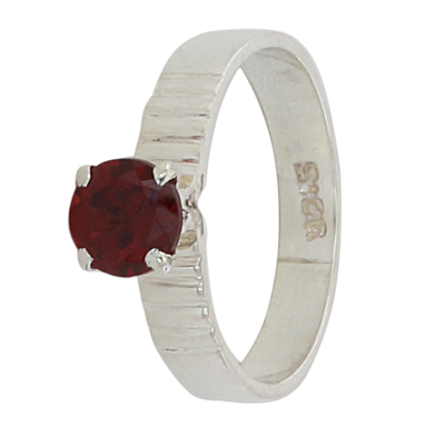 Garnet solitaire ring, 'Elegant Temptation' - Garnet and Sterling Silver Solitaire Ring from India