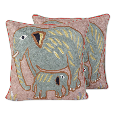 Cotton cushion covers, 'Elephant Bonding' (pair) - Chain-Stitched Elephant Cushion Covers from India (Pair)