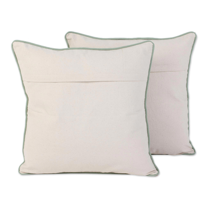Cotton cushion covers, 'Elephant Bonding' (pair) - Chain-Stitched Elephant Cushion Covers from India (Pair)